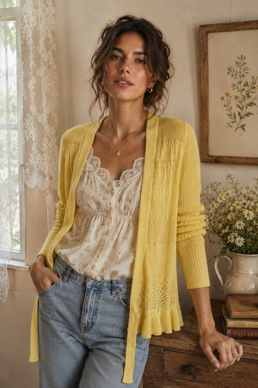 Sparrow Anthropologie Butter Yellow Pointelle Knit Ruffle Cardigan Cottagecore